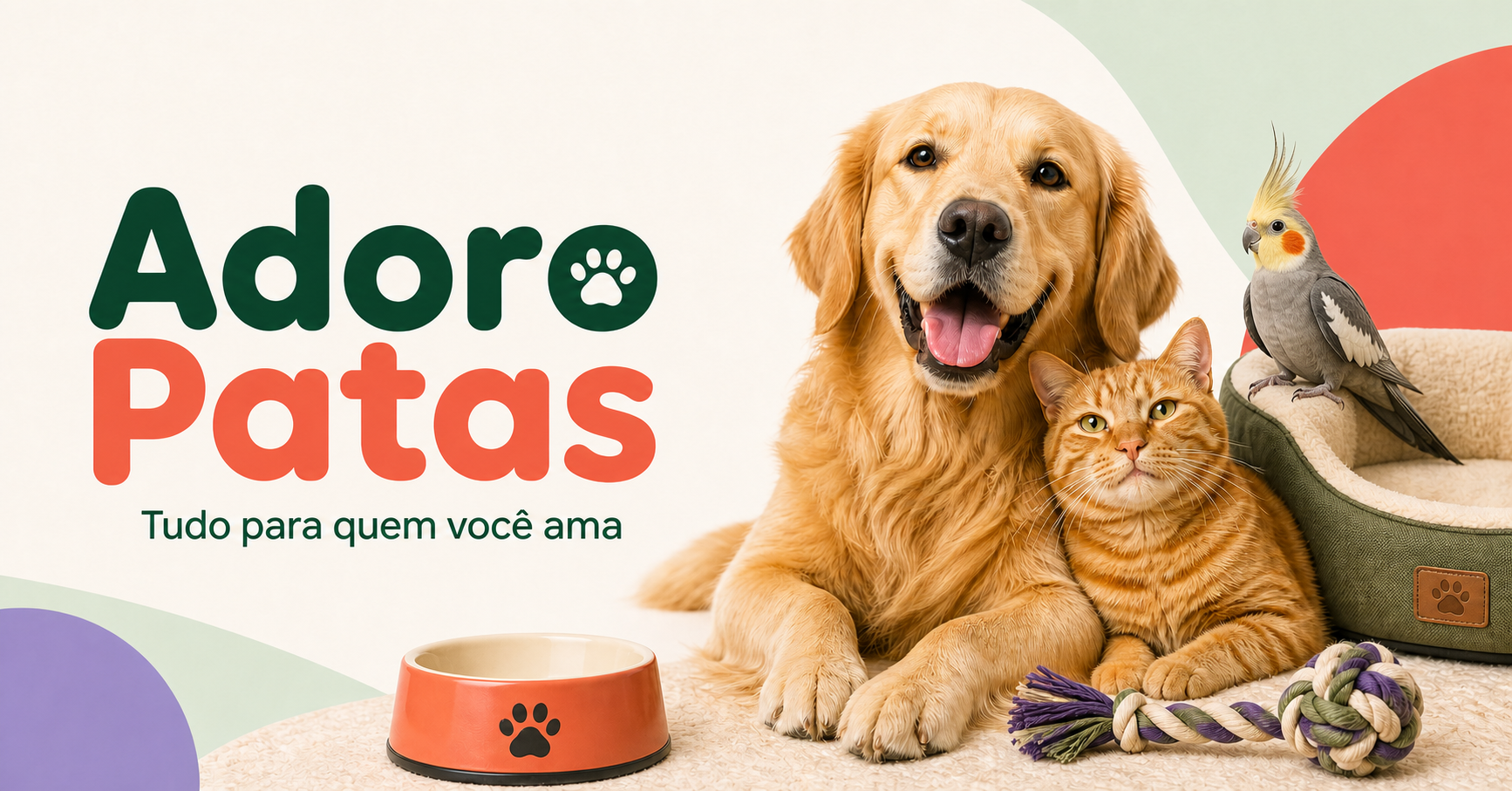Adoro Patas com cachorro, gato e calopsita
